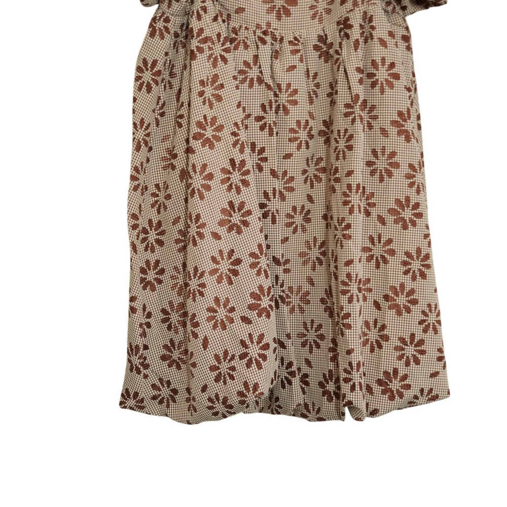 Storia Brown Gingham Floral Puff Sleeve Mini Dress Square Neck Smocked Cottage - Picture 3 of 8